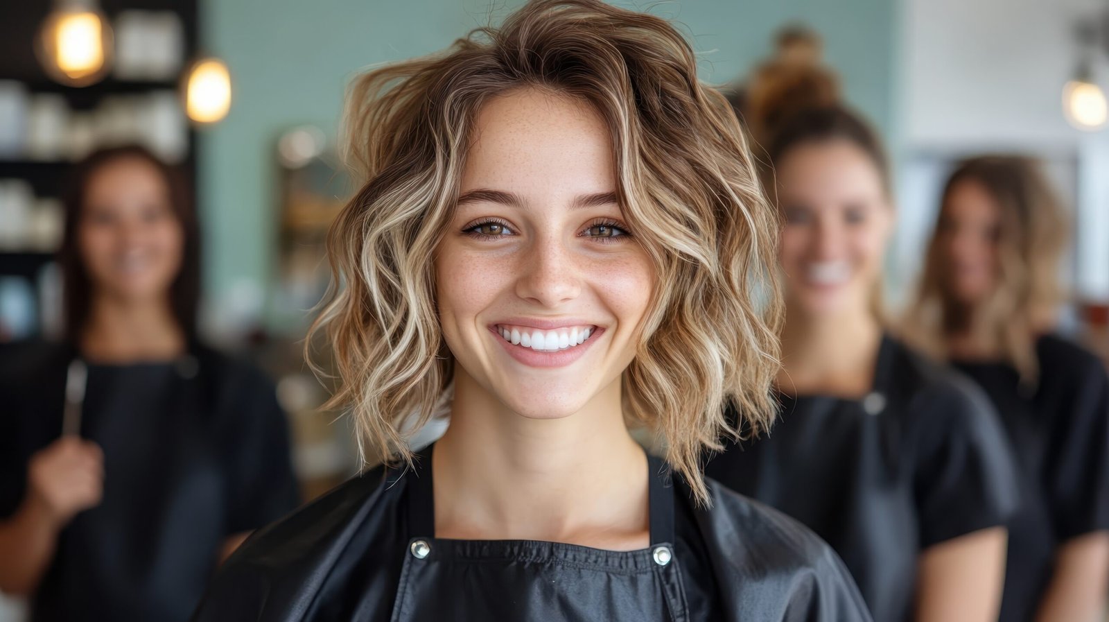 A smiling woman proudly stands in a hair salon, showcasing her beautiful hairstyle, surrounded by other hairstylists, conveying a warm and welcoming atmosphere.